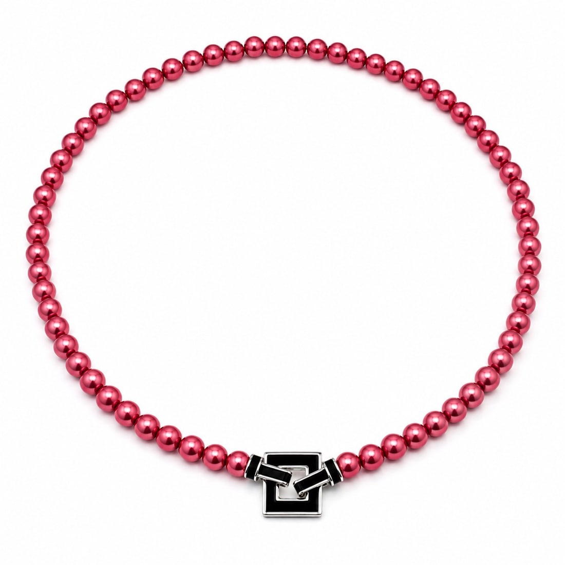 Pink Glass Pearl Bead Necklace with Silver Tone Geometric Clasp: Title: Pink Glass Pearl Bead Necklace with Silver Tone Geometric Clasp Description: Elegant necklace featuring lustrous pink glass pearl beads, finished with a modern silver-tone geometric clasp. A