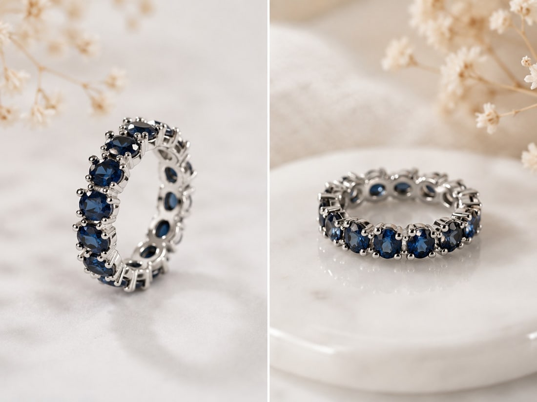 Synthetic Blue Sapphire Eternity Ring – Silver Plated Band – Size 16.5: Title: Synthetic Blue Sapphire Eternity Ring – Silver Plated Band – Size 16.5 Description: Elegant eternity-style ring featuring a full circle of sparkling synthetic blue sapphires set in