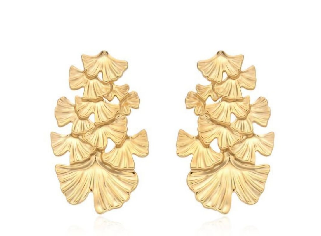 Golden Ginkgo Leaf Statement Earrings: Title: Golden Ginkgo Leaf Statement Earrings Description: Elegant gold-tone statement earrings inspired by the delicate beauty of ginkgo leaves. Featuring multiple layered leaf motifs with