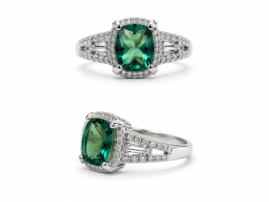 Green Gemstone Halo Ring – Silver Plated Statement Ring Size 16.5: Title: Green Gemstone Halo Ring – Silver Plated Statement Ring Size 16.5 Description: Elegant statement ring featuring a vibrant emerald-green gemstone surrounded by a sparkling halo of clear