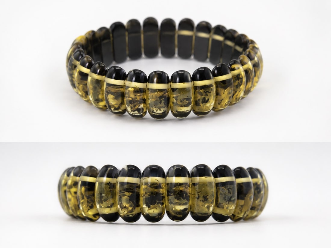 Vintage Olive Green Resin Stretch Bracelet – Chunky Statement Bangle: Title: Vintage Olive Green Resin Stretch Bracelet – Chunky Statement Bangle Description: Eye-catching stretch bracelet crafted from polished translucent olive-green resin segments. The