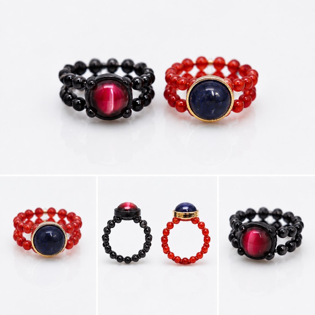 Handcrafted Beaded Ring Set – Red Tiger Eye & Blue Lapis Style Stone Rings: Title: Handcrafted Beaded Ring Set – Red Tiger Eye & Blue Lapis Style Stone Rings Description: A unique pair of handcrafted beaded rings featuring polished cabochon stones and double-row