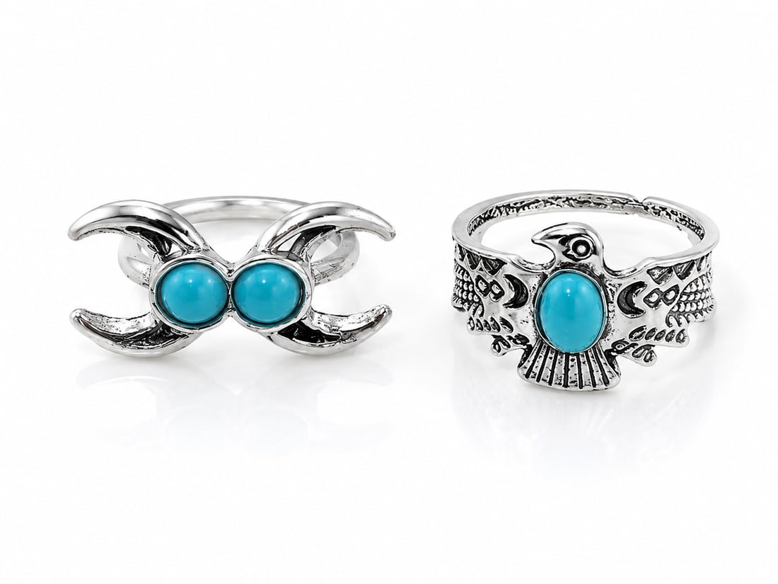 Silver Plated Adjustable Rings With Turquoise Glass Stones – Set of 2: Title: Silver Plated Adjustable Rings With Turquoise Glass Stones – Set of 2 Description: Set of two silver-plated adjustable rings featuring beautiful turquoise-colored glass stones. One