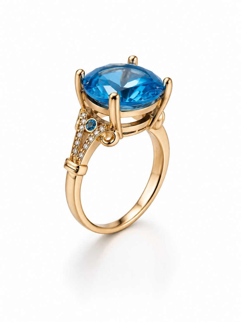 Gold Plated Adjustable Ring With Blue Topaz Glass Stone – Vintage Style: Title: Gold Plated Adjustable Ring With Blue Topaz Glass Stone – Vintage Style Description: Elegant gold plated adjustable ring featuring a brilliant oval blue topaz-colored glass stone in a