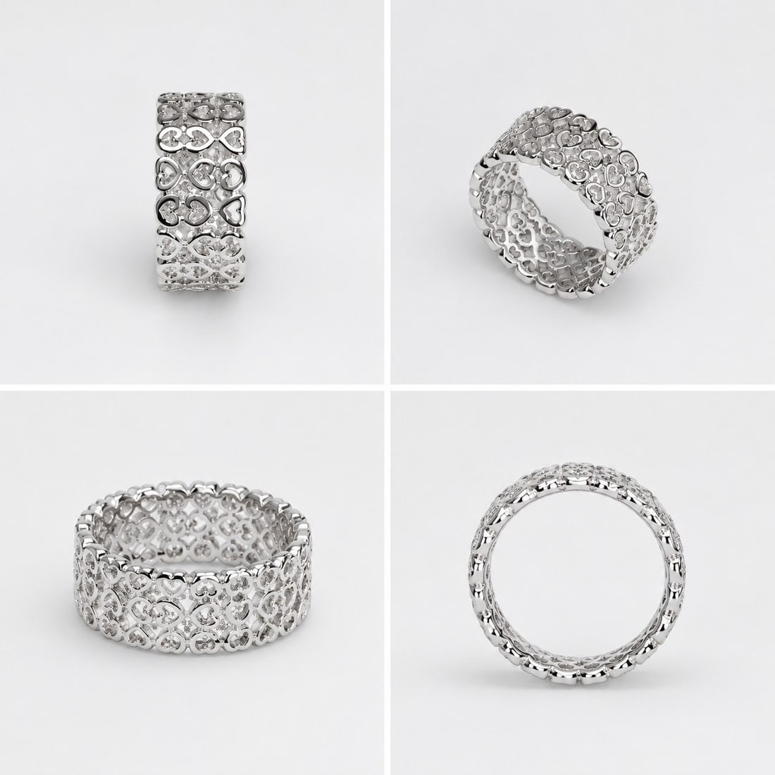 925 Sterling Silver Openwork Heart Band Ring – Size 18: Title: 925 Sterling Silver Openwork Heart Band Ring – Size 18 Description: Elegant sterling silver 925 band ring featuring an intricate openwork heart pattern around the entire band. The