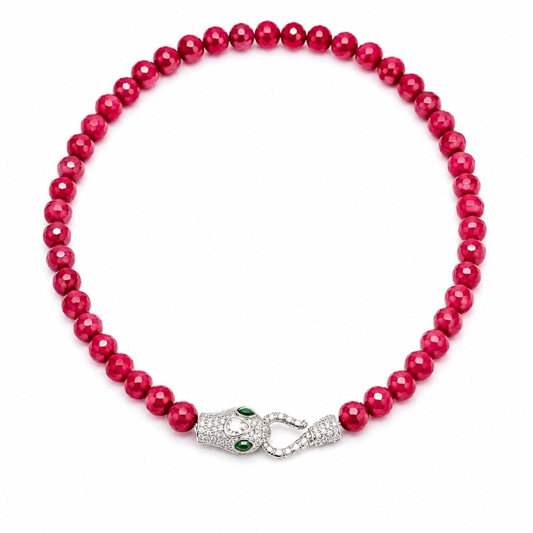 Faceted Pink Glass Bead Necklace With Panther Style Clasp: Title: Faceted Pink Glass Bead Necklace With Panther Style Clasp Description: Elegant necklace featuring faceted pink glass beads that sparkle beautifully in the light. Finished with a striking