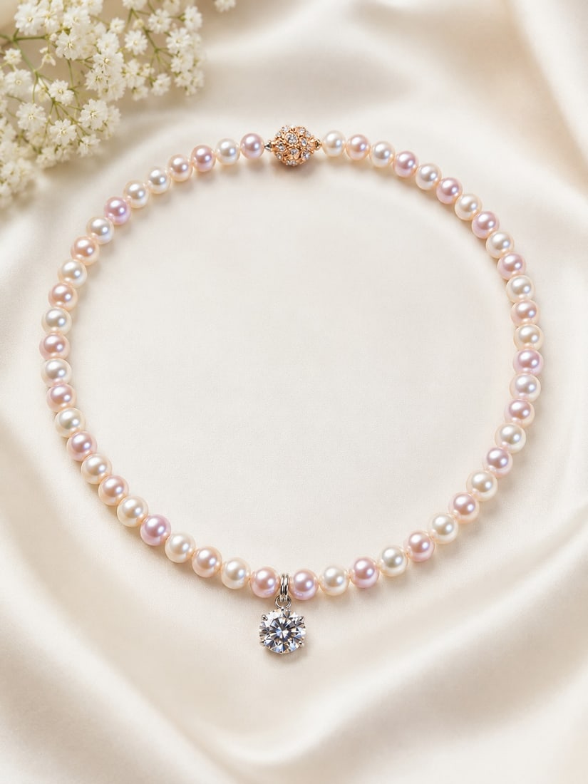 Cultured Freshwater Pearl Necklace With 2ct Grey Moissanite Pendant: Title: Cultured Freshwater Pearl Necklace With 2ct Grey Moissanite Pendant Description: Elegant necklace featuring genuine cultured freshwater pearls in soft white and pink tones, beautifully