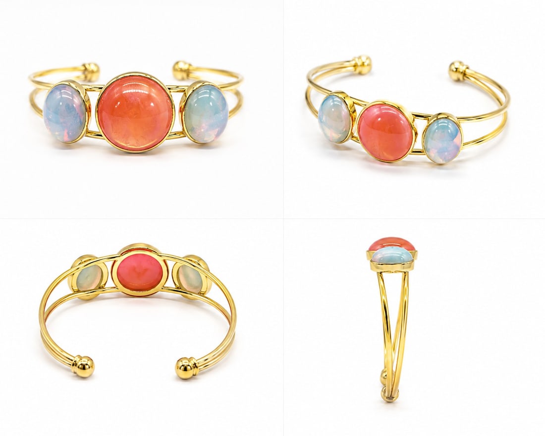 Gold-Tone Stainless Steel Cuff Bracelet with Carnelian & Opalite Cabochons: Title: Gold-Tone Stainless Steel Cuff Bracelet with Carnelian & Opalite Cabochons Description: Stylish gold-tone stainless steel cuff bracelet featuring a polished natural Carnelian cabochon as
