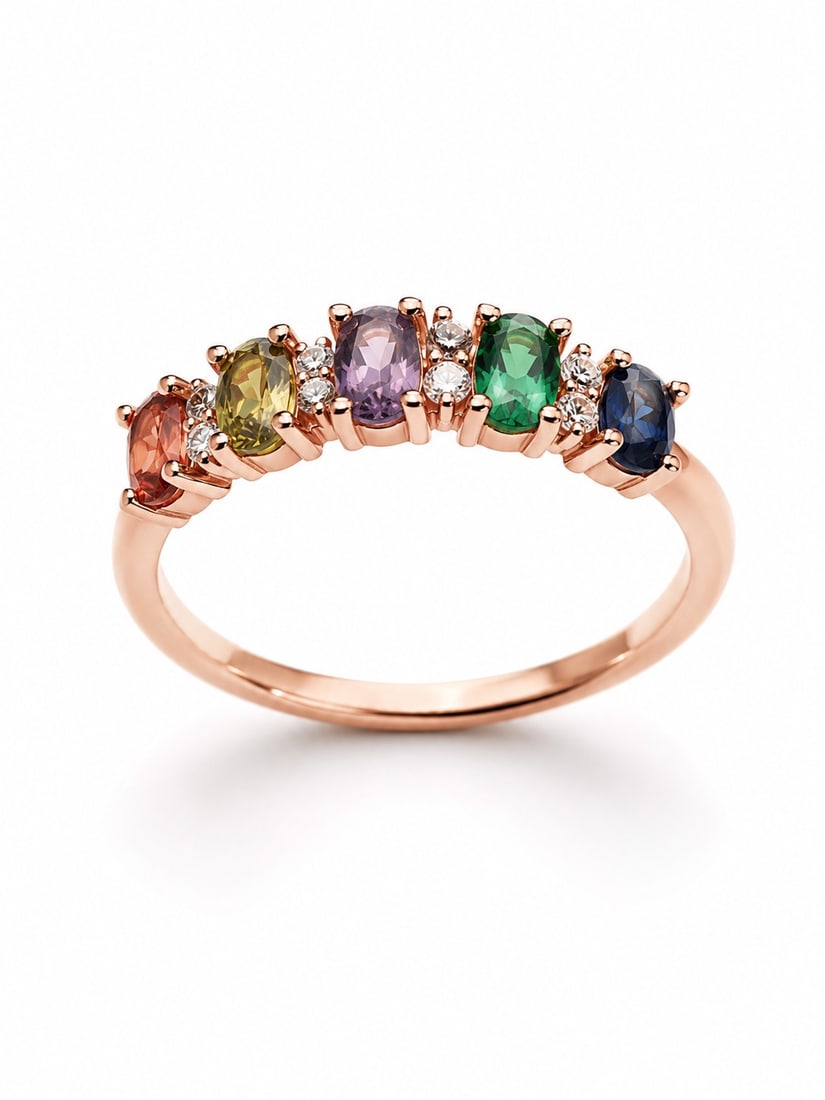 Rose Gold Plated Ring With Multi-Colour Gemstones – Adjustable Size: Title: Rose Gold Plated Ring With Multi-Colour Gemstones – Adjustable Size Description: Elegant rose gold-plated adjustable ring featuring five oval multi-colour gemstones accented with