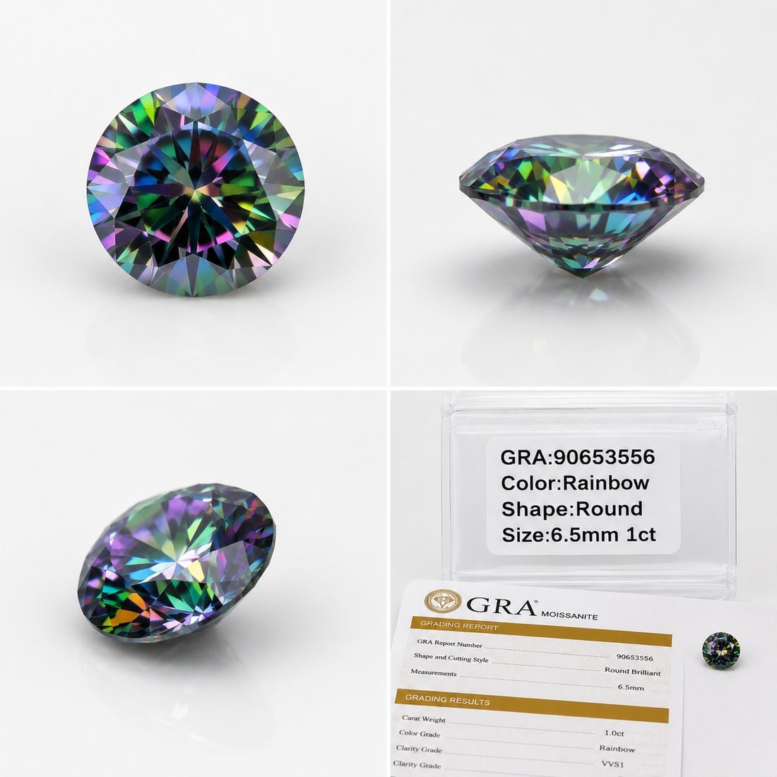 1.00 Ct Rainbow Moissanite Round Brilliant 6.5mm – GRA Certified Loose Gemstone: Title: 1.00 Ct Rainbow Moissanite Round Brilliant 6.5mm – GRA Certified Loose Gemstone Description: Beautiful 1.00 carat Rainbow Moissanite in a classic Round Brilliant cut, measuring 6.5