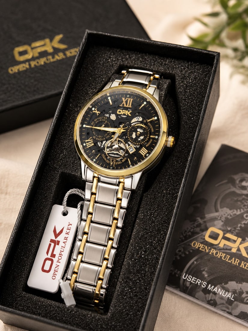 OPK Luxury Skeleton Style Quartz Watch – Two-Tone Stainless Steel: Title: OPK Luxury Skeleton Style Quartz Watch – Two-Tone Stainless Steel Description: Elegant OPK (Open Popular Key) quartz wristwatch featuring a sophisticated skeleton-inspired dial with