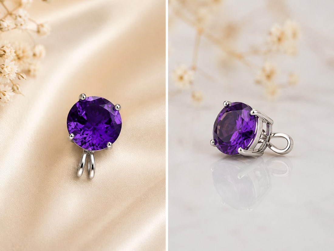 925 Sterling Silver Amethyst Pendant – Round Cut Purple Gemstone: Title: 925 Sterling Silver Amethyst Pendant – Round Cut Purple Gemstone Description: Elegant pendant featuring a vibrant round-cut purple amethyst set in a classic four-prong sterling silver