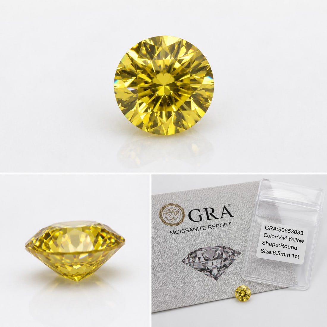 1.00 Ct Vivid Yellow Moissanite Round Brilliant 6.5mm – GRA Certified Loose Gemstone: Title: 1.00 Ct Vivid Yellow Moissanite Round Brilliant 6.5mm – GRA Certified Loose Gemstone Description: Brilliant 1.00 Ct Vivid Yellow Moissanite featuring a rich, vibrant yellow colour and
