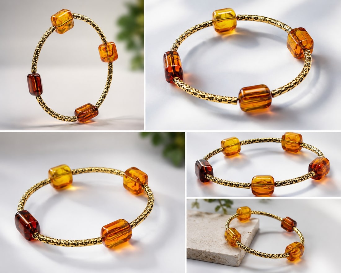 Gold-Tone Bangle Bracelet With Amber-Coloured Glass Beads: Title: Gold-Tone Bangle Bracelet With Amber-Coloured Glass Beads Description: Elegant gold-tone bangle bracelet featuring textured metal and faceted amber-coloured glass beads in warm honey and