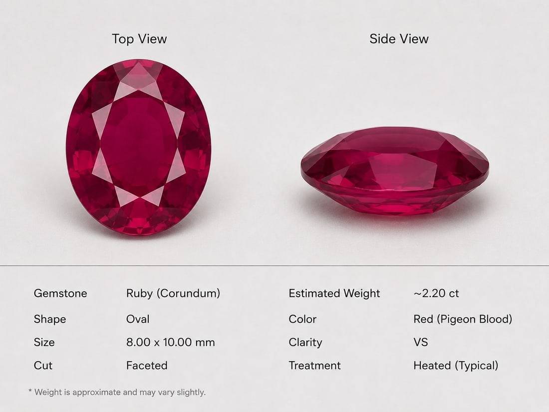 Natural Heated Ruby (Corundum) 2.20 Ct Oval Cut 10x8 mm Red Gemstone: Title: Natural Heated Ruby (Corundum) 2.20 Ct Oval Cut 10x8 mm Red Gemstone Description: Beautiful natural Ruby (Corundum) featuring a rich deep red color and classic oval faceted cut. This