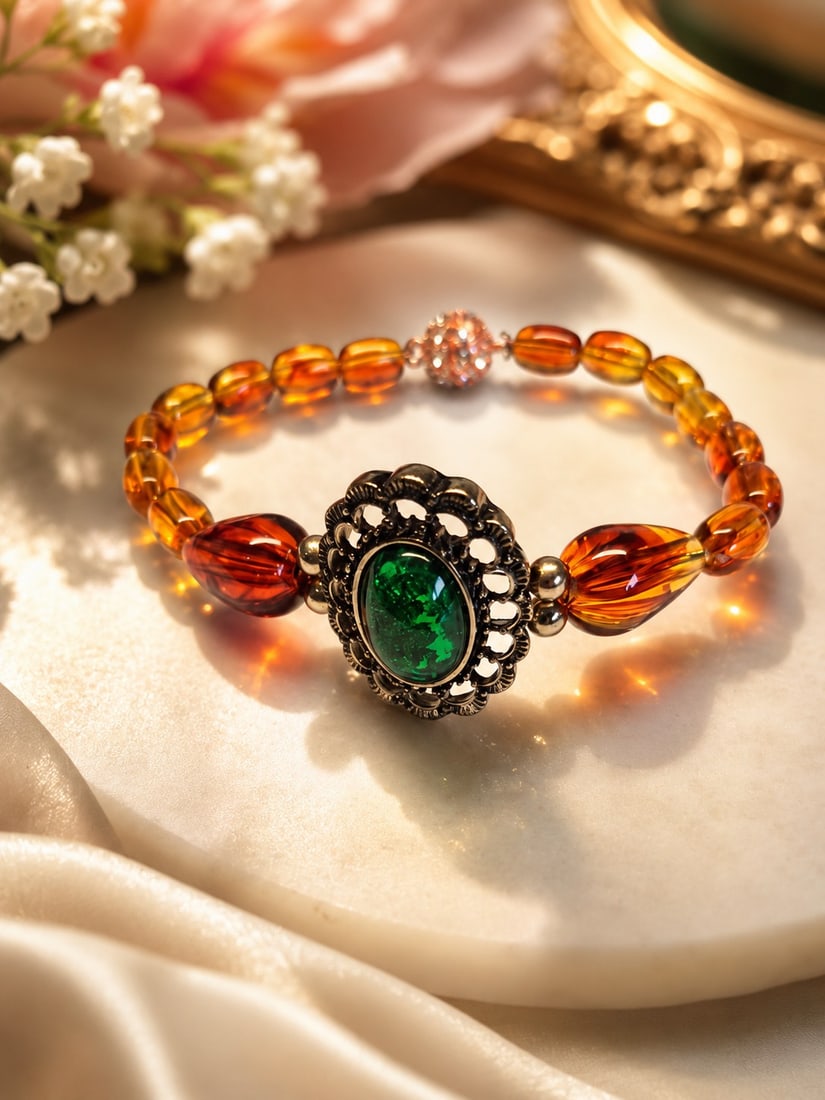 Vintage Style Amber Bead Bracelet With Green Cabochon Centrepiece: Title: Vintage Style Amber Bead Bracelet With Green Cabochon Centrepiece Description: Elegant handmade stretch bracelet featuring warm amber-toned beads and a striking green cabochon centrepiece set
