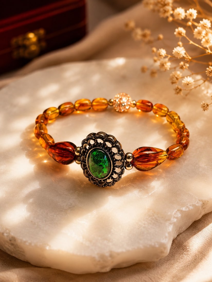 Vintage Style Amber Bead Bracelet With Green Cabochon Centrepiece - 2