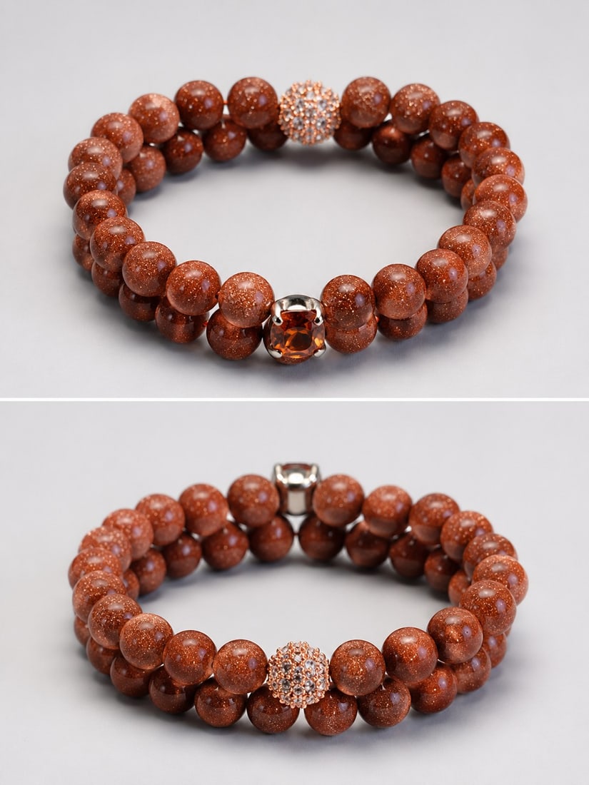 2.70 Ct Orange Garnet Double Strand Goldstone Bracelet With Magnetic Clasp: Title: 2.70 Ct Orange Garnet Double Strand Goldstone Bracelet With Magnetic Clasp Description: Elegant double-strand bracelet featuring sparkling Goldstone beads and a vibrant 2.70 carat orange gar