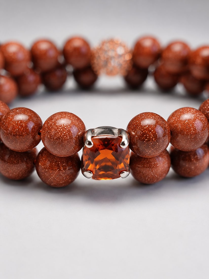 2.70 Ct Orange Garnet Double Strand Goldstone Bracelet With Magnetic Clasp - 2