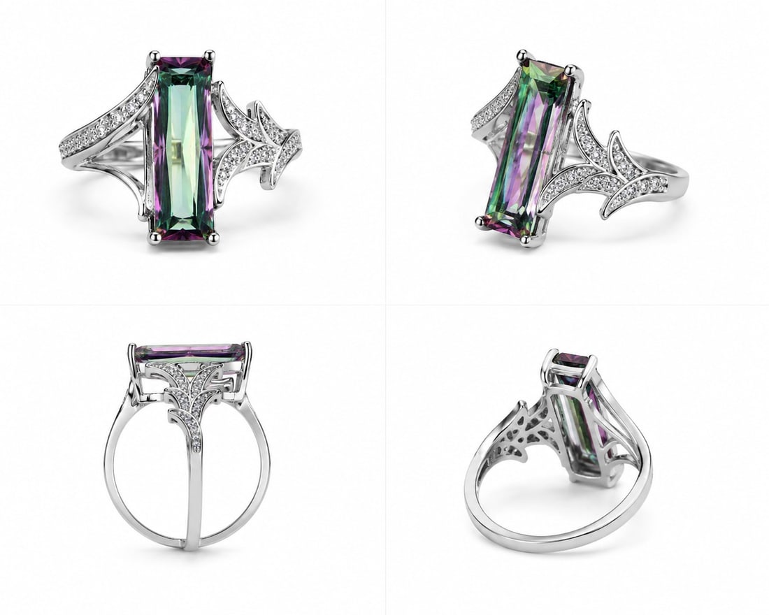 Mystic Topaz Statement Ring In Silver Tone Setting: Title: Mystic Topaz Statement Ring In Silver Tone Setting Description: Striking statement ring featuring a large rectangular Mystic Topaz gemstone with captivating rainbow flashes of green, violet,