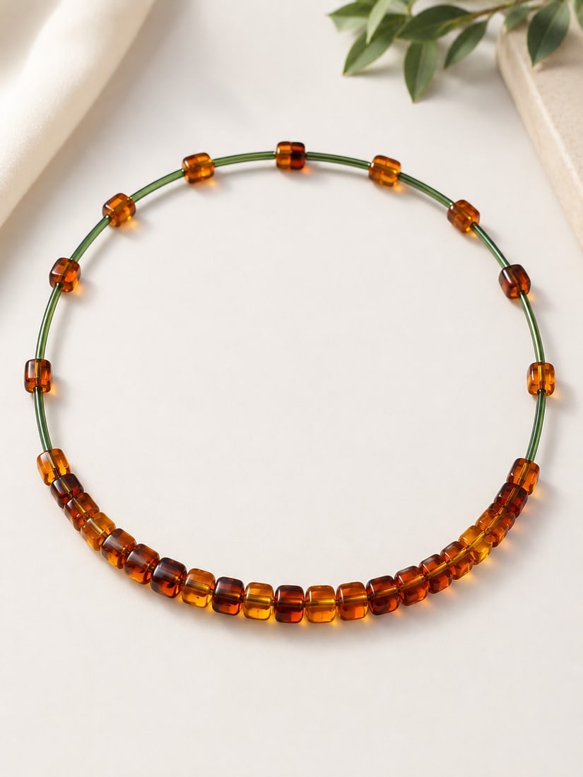 Natural Amber Bead Stretch Necklace: Title: Natural Amber Bead Stretch Necklace Description: Beautiful stretch necklace crafted with genuine natural amber beads in warm honey and cognac tones. The contemporary design combine