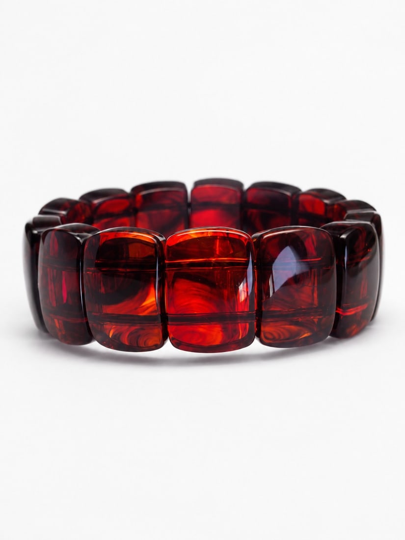 Vintage Cherry Amber Style Stretch Bracelet – Deep Red Translucent Panels: Title: Vintage Cherry Amber Style Stretch Bracelet – Deep Red Translucent Panels Description: Striking stretch bracelet featuring large rectangular deep-red translucent panels with a rich