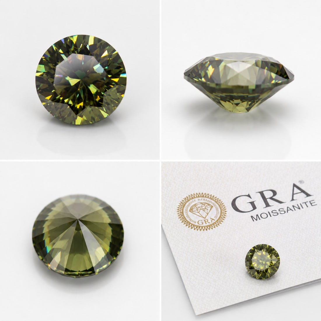 Certified Olive Green Moissanite 1.00 Ct – 6.5 mm Round Brilliant Cut – GRA Certified: Title: Certified Olive Green Moissanite 1.00 Ct – 6.5 mm Round Brilliant Cut – GRA Certified Description: Beautiful 1.00 carat Olive Green Moissanite featuring a precision Round Brilliant