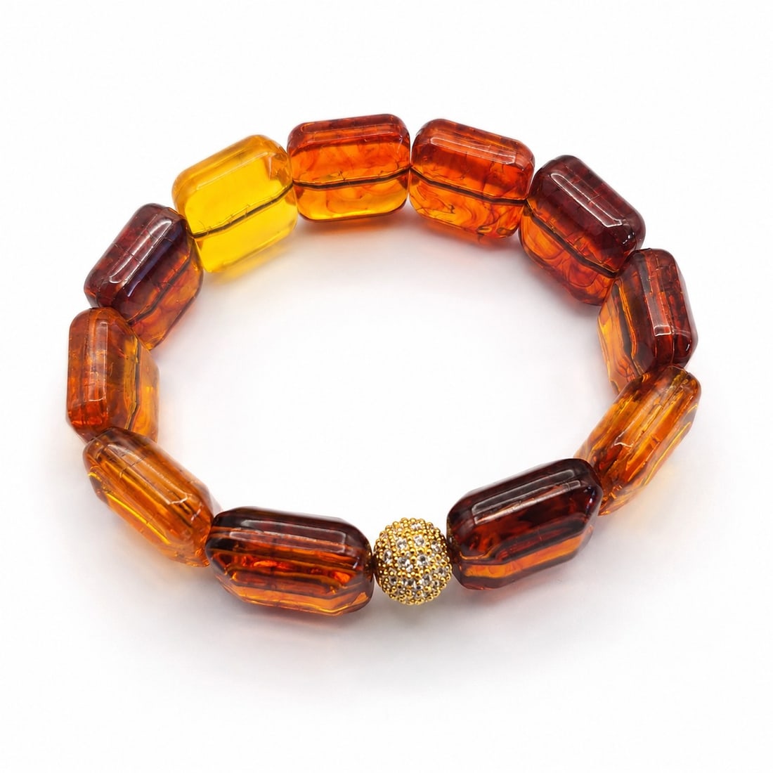 Amber Style Stretch Bracelet With Crystal Accent Bead – Statement Jewellery: Title: Amber Style Stretch Bracelet With Crystal Accent Bead – Statement Jewellery Description: Eye-catching stretch bracelet featuring large amber-coloured translucent beads in warm honey and