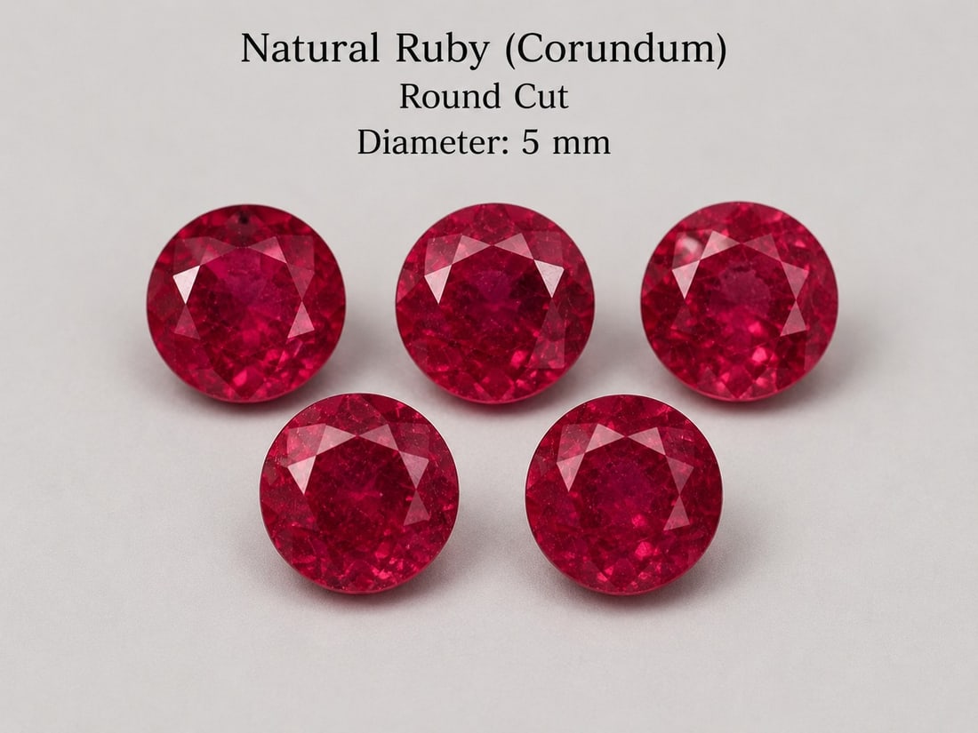 Lot of 5 Round Ruby Corundum Gemstones – 5 mm: Title: Lot of 5 Round Ruby Corundum Gemstones – 5 mm Description: Beautiful lot of five round-cut ruby corundum gemstones, each measuring approximately 5 mm. These vibrant deep-red stones