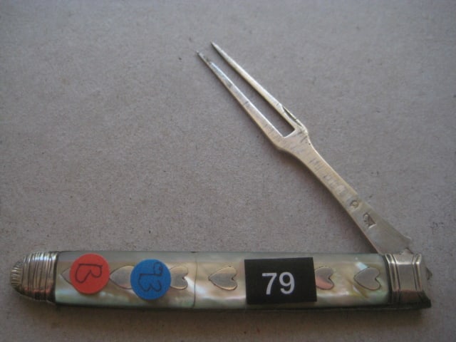 George III Mother of Pearl Hafted Silver Folding Fruit Fork: Title: George III Mother of Pearl Hafted Silver Folding Fruit Fork Description: George III Mother of Pearl Hafted Silver Bladed Folding Fruit Fork. The handle is decorate