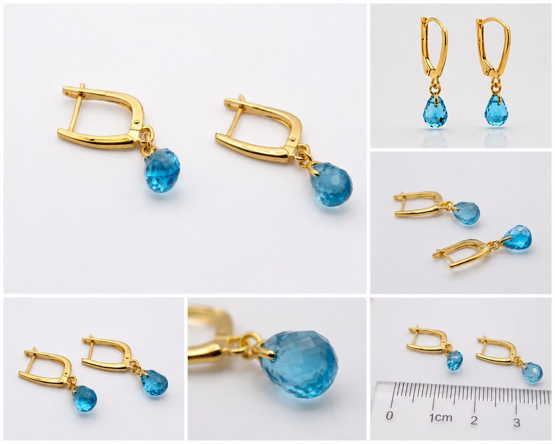 Natural Blue Topaz Drop Earrings – Gold Plated: Title: Natural Blue Topaz Drop Earrings – Gold Plated Description: Elegant drop earrings featuring faceted natural blue topaz gemstones with a brilliant sky-blue sparkle. Set in