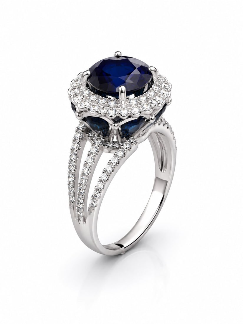 Silver Plated Ring With Synthetic Sapphire and Crystal Halo – Adjustable Size: Title: Silver Plated Ring With Synthetic Sapphire and Crystal Halo – Adjustable Size Description: Elegant silver-plated adjustable ring featuring a deep blue synthetic sapphire surrounded by a