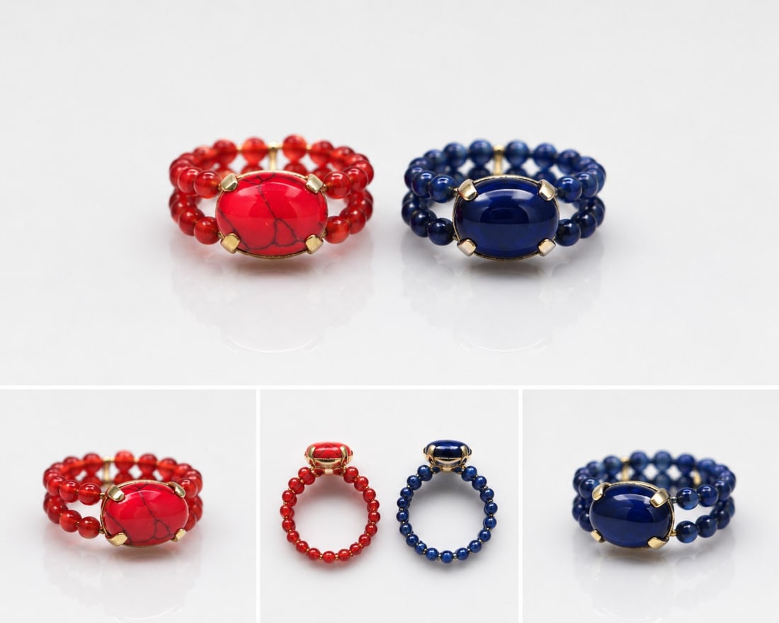 Handmade Beaded Ring Set – Red Turquoise Style & Deep Blue Cabochon: Title: Handmade Beaded Ring Set – Red Turquoise Style & Deep Blue Cabochon Description: A charming pair of handcrafted beaded rings featuring colourful gemstone-style cabochons. One