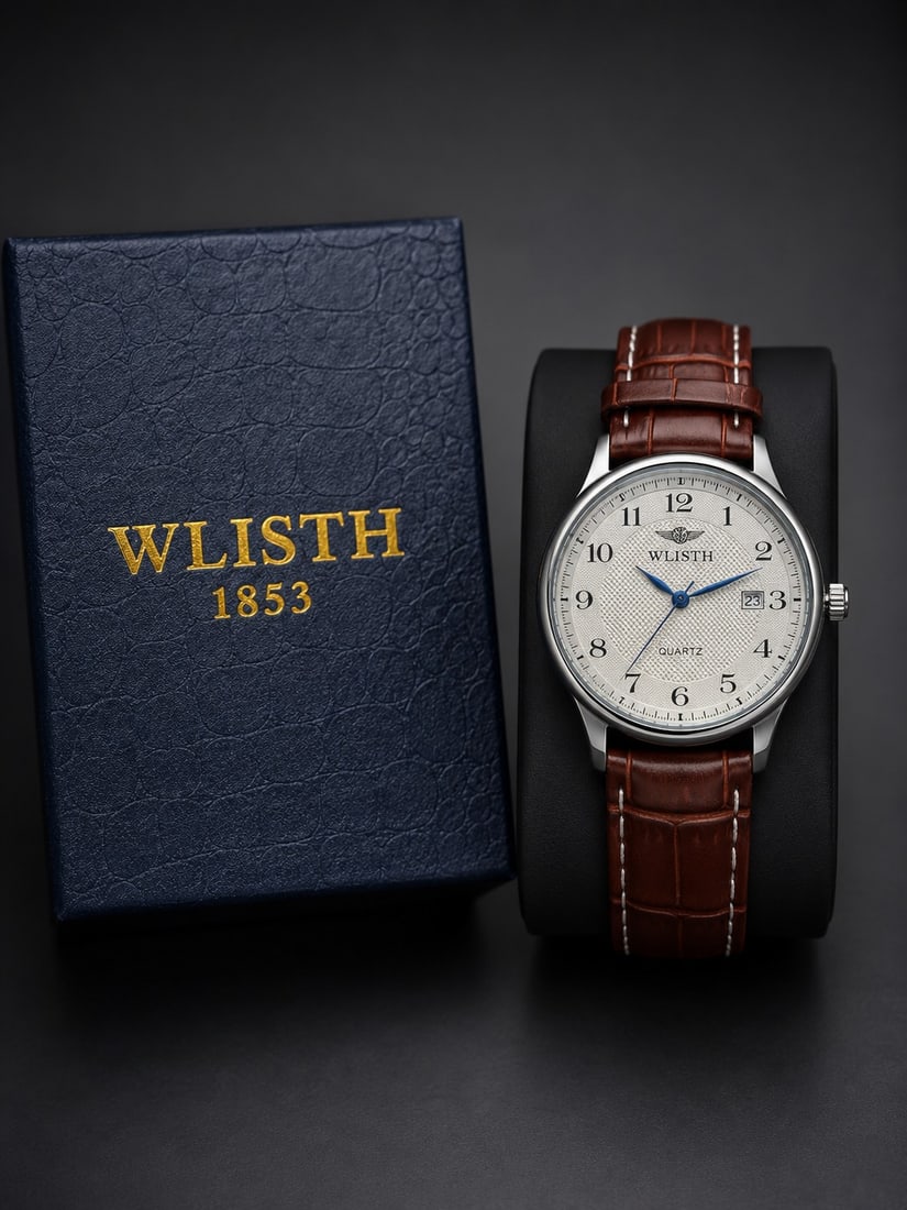 WLISTH 1853 Men's Quartz Watch – Classic White Dial & Brown Leather Strap: Title: WLISTH 1853 Men's Quartz Watch – Classic White Dial & Brown Leather Strap Description: Elegant WLISTH 1853 men's wristwatch featuring a refined white textured dial with classic