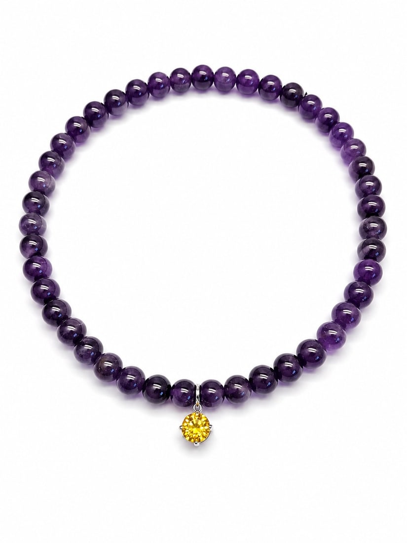 Natural Amethyst Bead Necklace With Certified 2.00ct Moissanite Pendant: Title: Natural Amethyst Bead Necklace With Certified 2.00ct Moissanite Pendant Description: Elegant necklace featuring polished natural amethyst beads in rich purple tones, accented by a sparkling