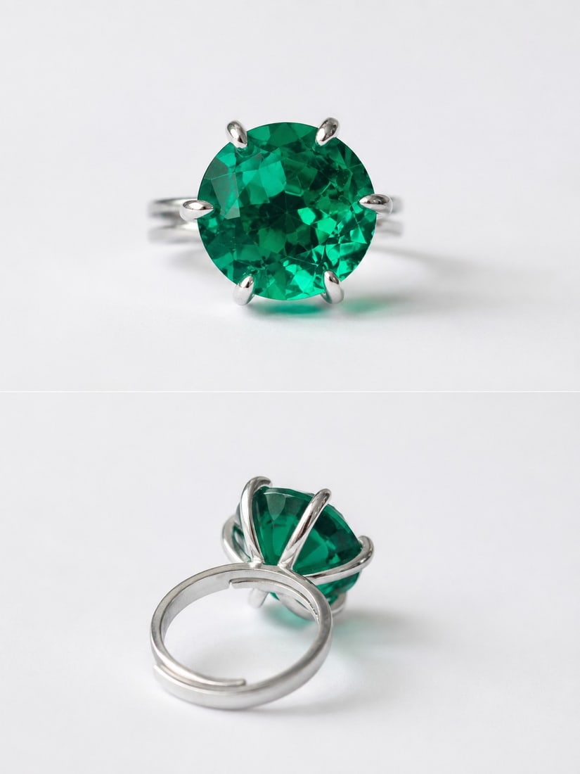 Large Emerald Doublet Statement Ring – Adjustable Size: Title: Large Emerald Doublet Statement Ring – Adjustable Size Description: Bold and eye-catching statement ring featuring a large round emerald doublet gemstone measuring approximately 15 mm.