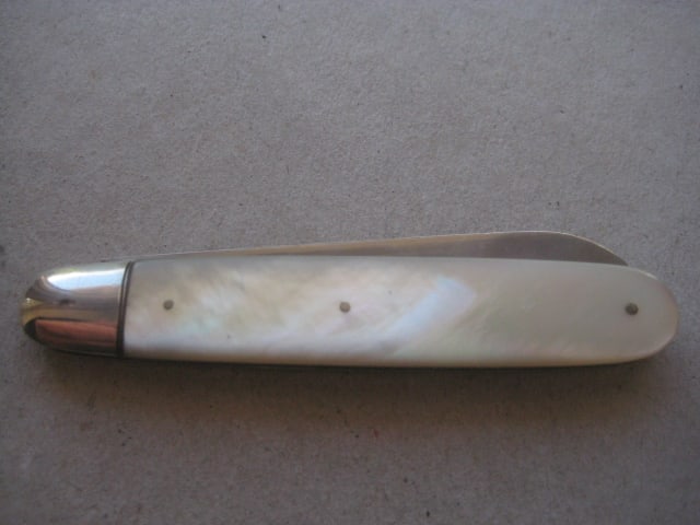 Rare Edwardian Mother of Pearl Hafted Saw Silver Bladed Folding Fruit Knife - 12