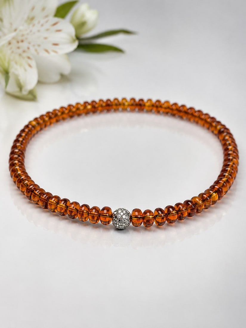 Amber Glass Bead Elastic Necklace With Crystal Accent Bead (1 of 1)