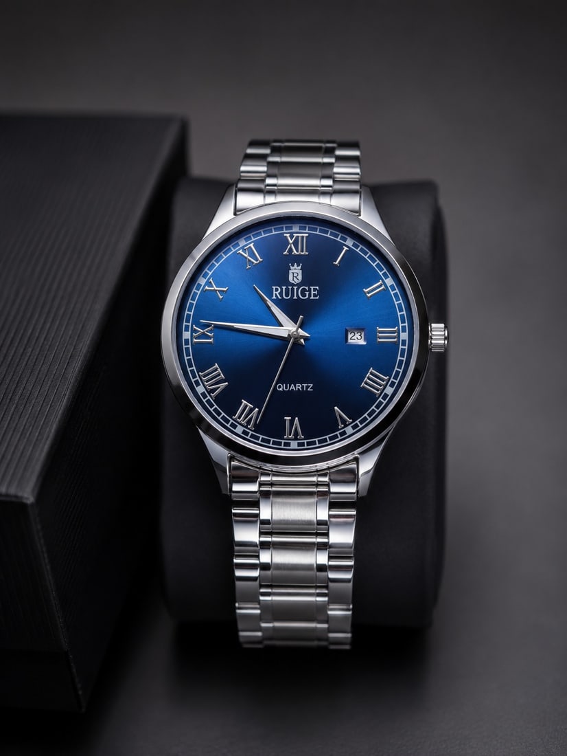 RUIGE Men's Quartz Watch – Blue Dial Stainless Steel Bracelet: Title: RUIGE Men's Quartz Watch – Blue Dial Stainless Steel Bracelet Description: Elegant RUIGE men's wristwatch featuring a striking sunburst blue dial with classic Roman numeral hour markers