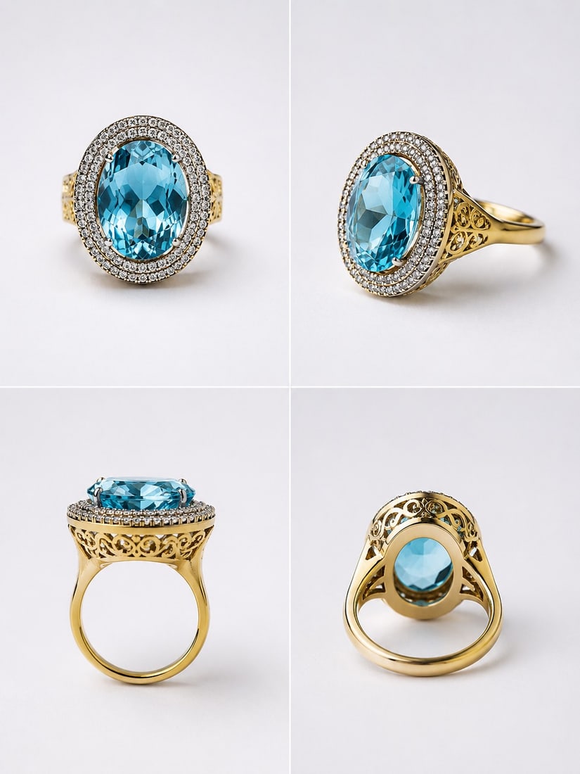 Blue Topaz Halo Ring – Size 17: Title: Blue Topaz Halo Ring – Size 17 Description: Elegant statement ring featuring a large oval blue topaz-colored gemstone surrounded by a sparkling halo of clear accent stones. The