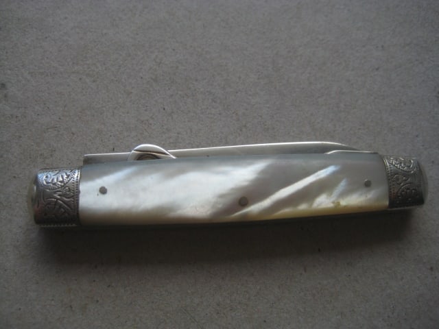 Rare Edwardian Mother of Pearl Hafted Twin Silver Bladed Folding Fruit Knife - 13