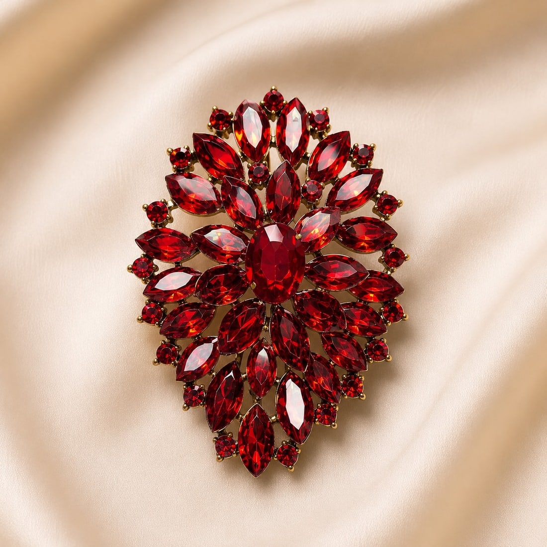 Vintage Red Crystal Brooch – Statement Floral Design: Title: Vintage Red Crystal Brooch – Statement Floral Design Description: Striking vintage-style brooch featuring brilliant deep-red faceted crystals arranged in an elegant floral and