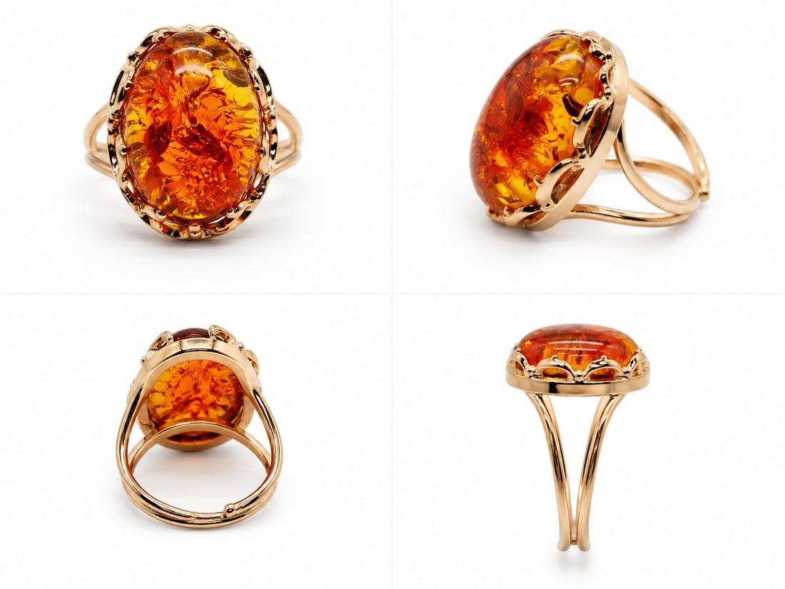 Large Amber-Style Statement Ring – Gold-Tone Adjustable Design: Title: Large Amber-Style Statement Ring – Gold-Tone Adjustable Design Description: Striking statement ring featuring a large amber-style cabochon with warm honey, cognac and golden-orange