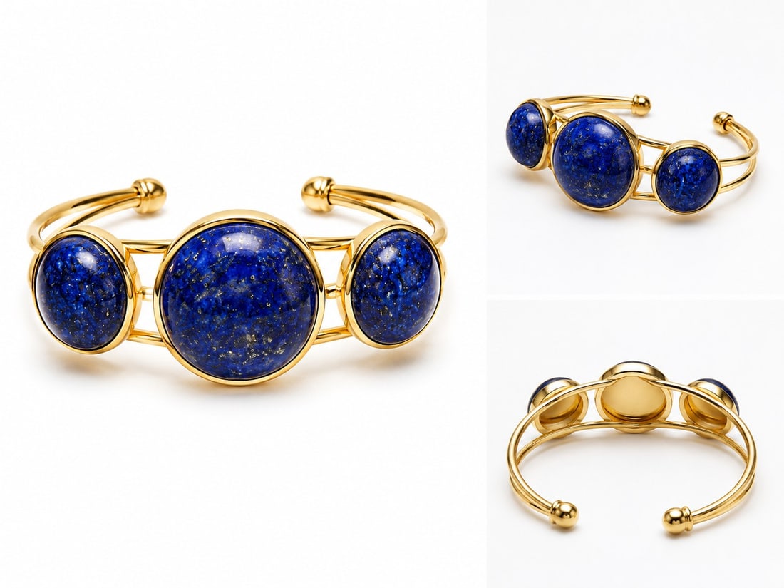 Gold Tone Lapis Lazuli Cuff Bracelet – Triple Cabochon Statement Bangle: Title: Gold Tone Lapis Lazuli Cuff Bracelet – Triple Cabochon Statement Bangle Description: Elegant open cuff bracelet featuring three polished natural lapis lazuli cabochons set in a sleek