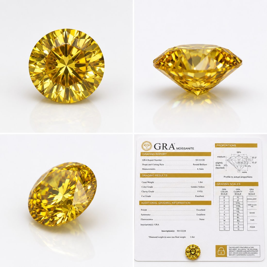1.00 Ct Golden Yellow Moissanite Round Brilliant 6.5mm – GRA Certified Loose Gemstone: Title: 1.00 Ct Golden Yellow Moissanite Round Brilliant 6.5mm – GRA Certified Loose Gemstone Description: Brilliant 1.00 carat Golden Yellow Moissanite with a vibrant sunny-yellow colour and
