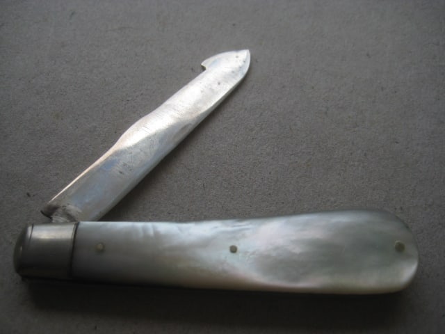 Rare George V Mother of Pearl Hafted Silver Orange Peeler Folding Fruit Knife - 2