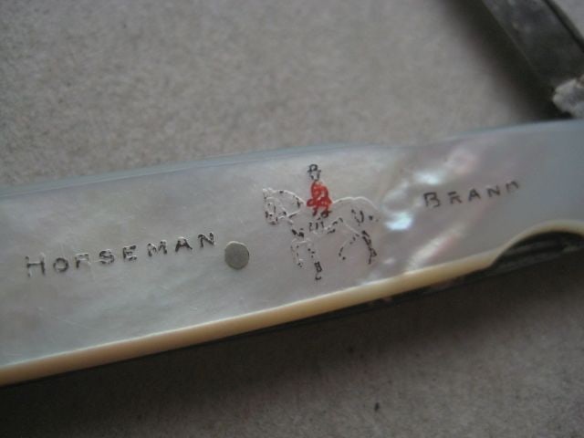 Victorian Horseman Brand Etched Mother of Pearl Hafted Multibladed Penknife - 3
