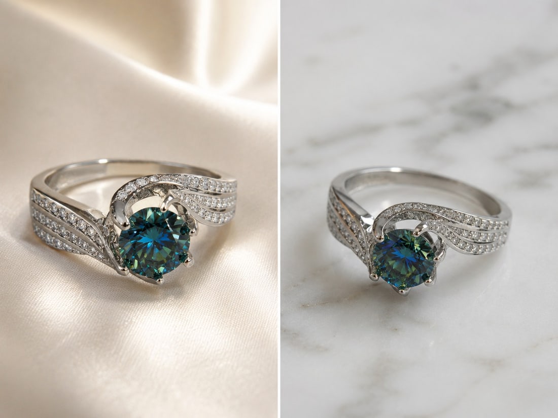 2.00 Ct Green Moissanite Ring – Silver Plated Statement Ring: Title: 2.00 Ct Green Moissanite Ring – Silver Plated Statement Ring Description: Elegant silver-plated ring featuring a dazzling 2.00 carat green moissanite in a brilliant round cut. The