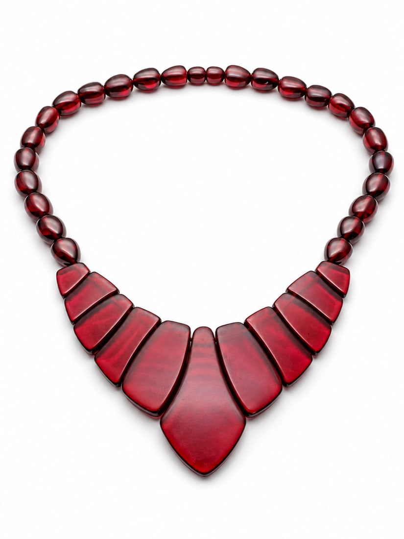 Natural Cherry Baltic Amber Statement Necklace – Deep Red Polished Amber: Title: Natural Cherry Baltic Amber Statement Necklace – Deep Red Polished Amber Description: Elegant statement necklace crafted from natural Baltic cherry amber in a rich deep red hue. 