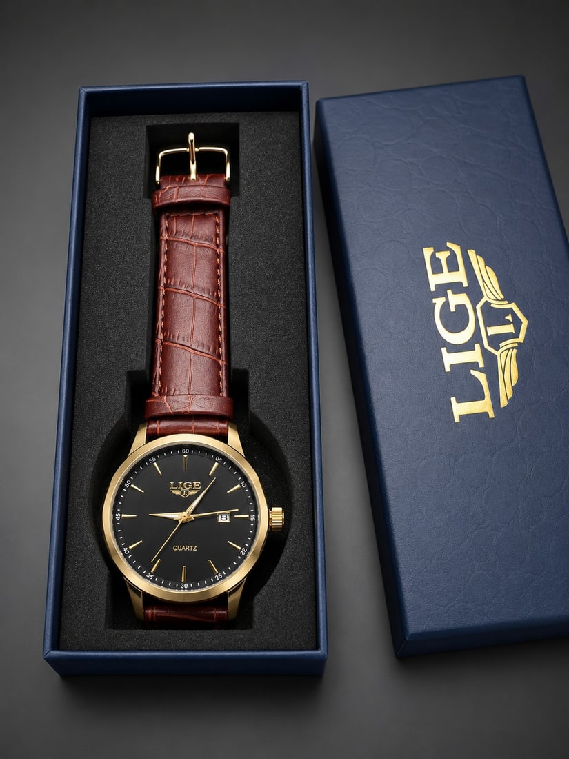 LIGE Men's Quartz Watch – Black Dial & Brown Leather Strap: Title: LIGE Men's Quartz Watch – Black Dial & Brown Leather Strap Description: Elegant LIGE men's wristwatch featuring a classic black dial with gold-tone markers and hands, date display,